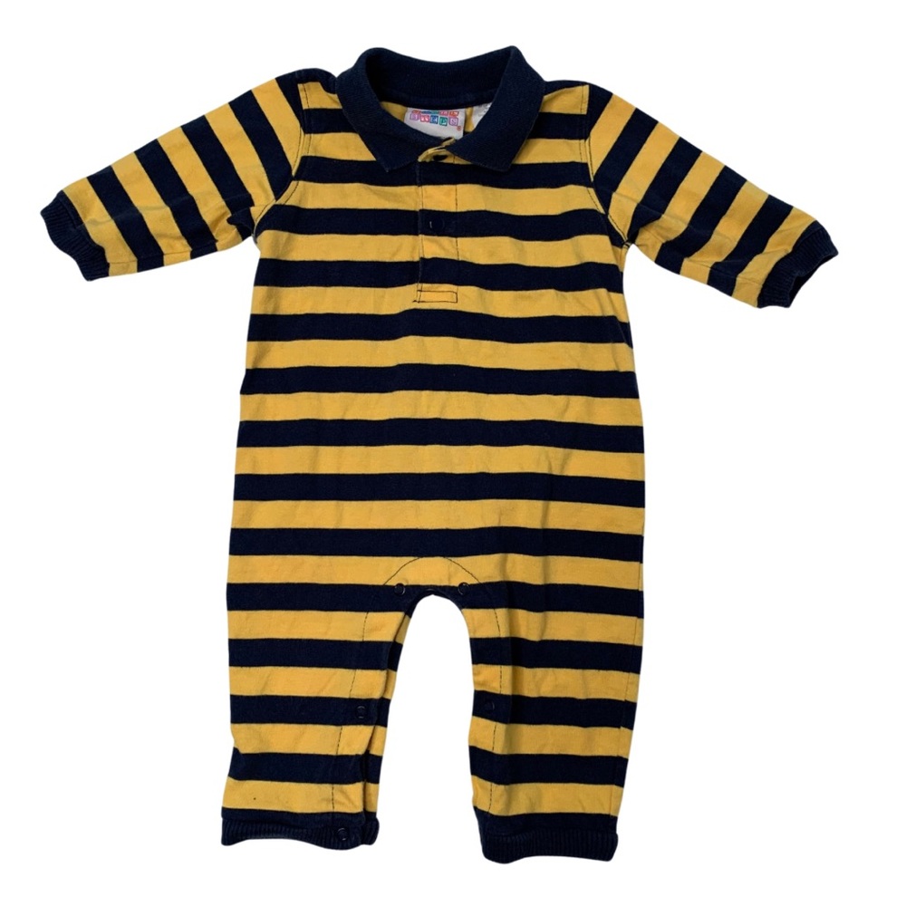 90s VTG Small Steps Baby Yellow & Navy Striped Collared Baby One Piece 3-6mo